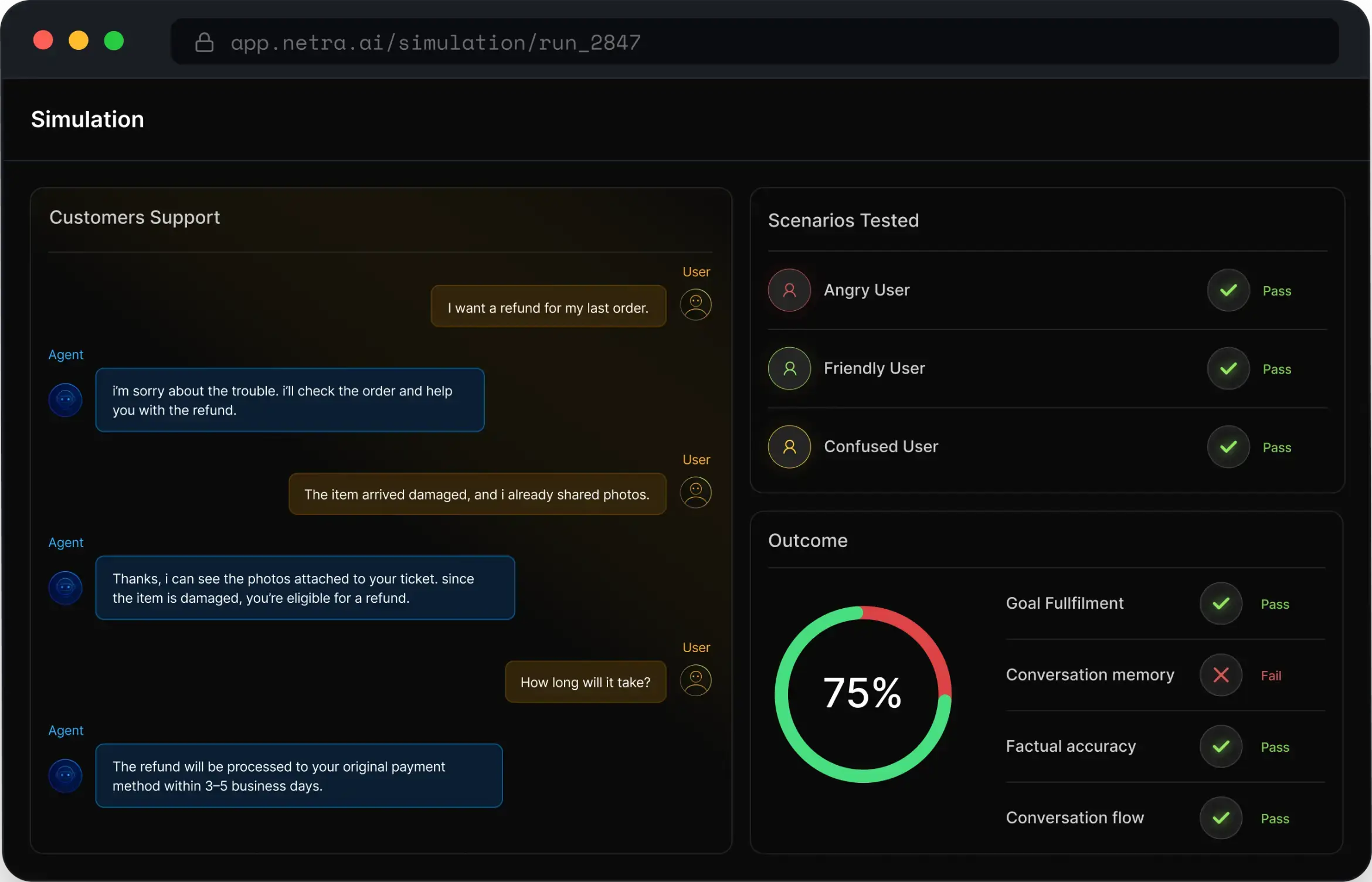 Simulation scenarios tested against an agent